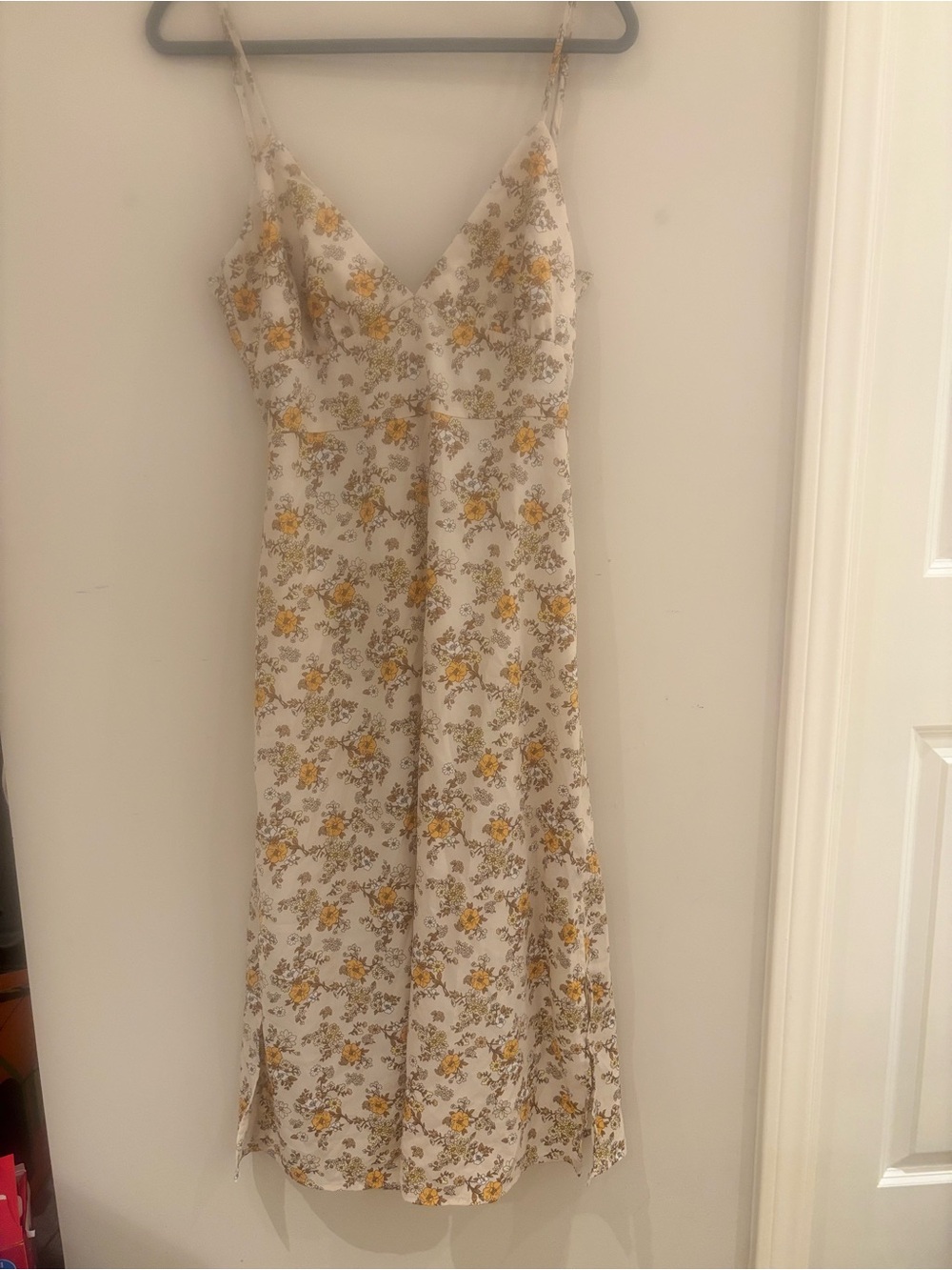 Forever 21 Cream Slip Midi Dress with Yellow Floral Print